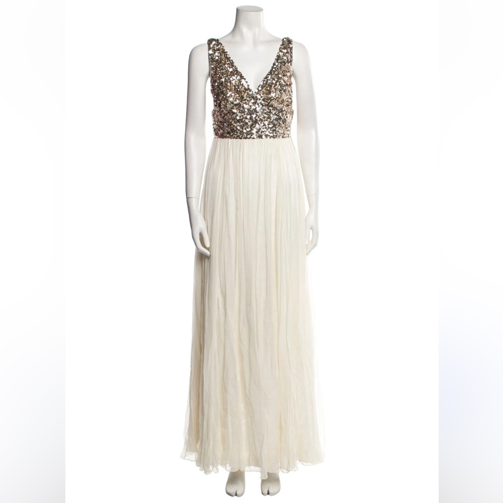 NWT Rachel Gilbert silk white sequin maxi gown dress, size US 0